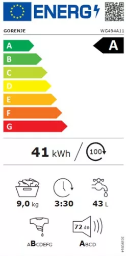 Gorenje WG494A11 elöltöltős mosógép, 9 kg, 1400 centrifuga, INVERTER