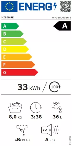 Hisense WF3S8043BW3 elöltöltős mosógép, 8 kg, 1400 centrifuga,  GŐZ, INVERTER