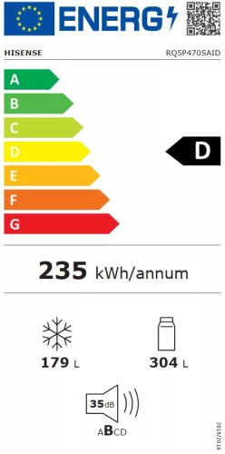 Hisense RQ5P470SAID side by side hűtőszekrény, 304/179 liter, inox, NO FROST, INVERTER