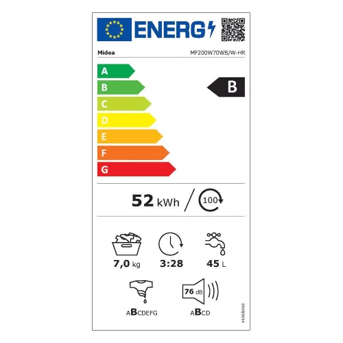 Midea MF200W70WB/W-HR elöltöltős mosógép, 7 kg, 1400 centrifuga, INVERTER