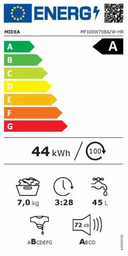 Midea MF100W70BA/W-HR elöltöltős mosógép, 7 kg, 1400 centrifuga, INVERTER