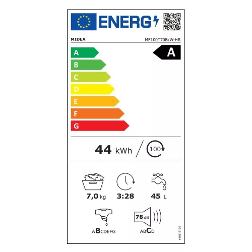 Midea MF100T70B/W-HR felültöltős mosógép, 7 kg, 1200 centrifuga, INVERTER
