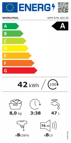 Whirlpool WPM 87W ADS EE elöltöltős mosógép, 8 kg, 1400 centrifuga, AutoDose, INVERTER