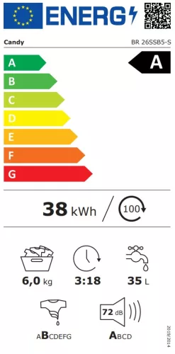 Candy BR 26SSB5-S keskeny elöltöltős mosógép, 6 kg, 1200 centrifuga, INVERTER