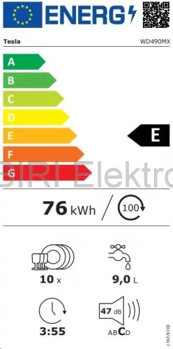 Tesla WD490MX mosogatógép, 3 fiók, inox, 10 teríték (45 cm)