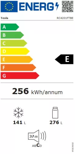 Tesla RC4201FTBE alulfagyasztós hűtőszekrény, 276/141 liter, NO FROST, 70 cm, fekete
