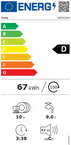 Tesla WD491MX mosogatógép, 3 fiók, inox, 10 teríték (45 cm)