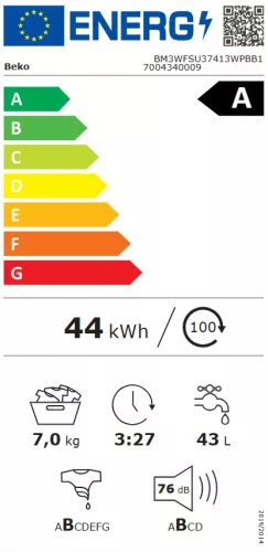 Beko BM3WFSU37413WPBB1 keskeny elöltöltős mosógép, 7 kg, 1400 centrifuga, GŐZ funkció, INVERTER