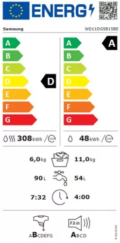 Samsung WD11DG5B15BELE mosó-szárítógép, 11/6 kg, 1400 centrifuga, INVERTER, AI Ecobubble